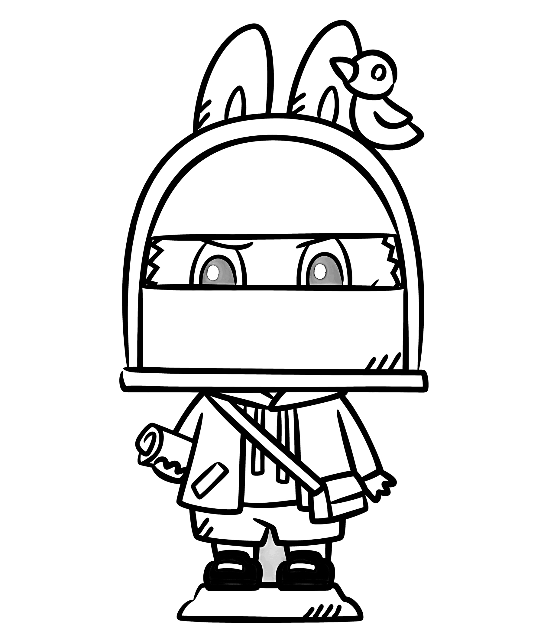 Labubu protecting something, line art for coloring